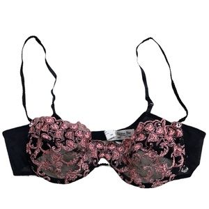 Christian Dior Vintage Black Lace with Pink Embroidery Bra - size 36C